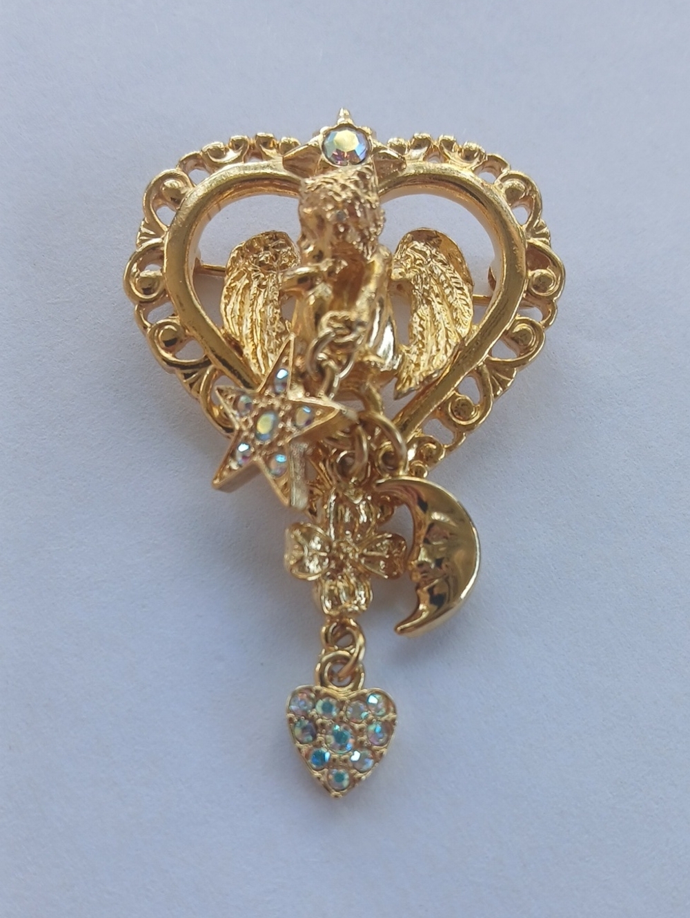 Kirks Folly Vintage Cherub Angel Heart Crystal Dangle Brooch Pin